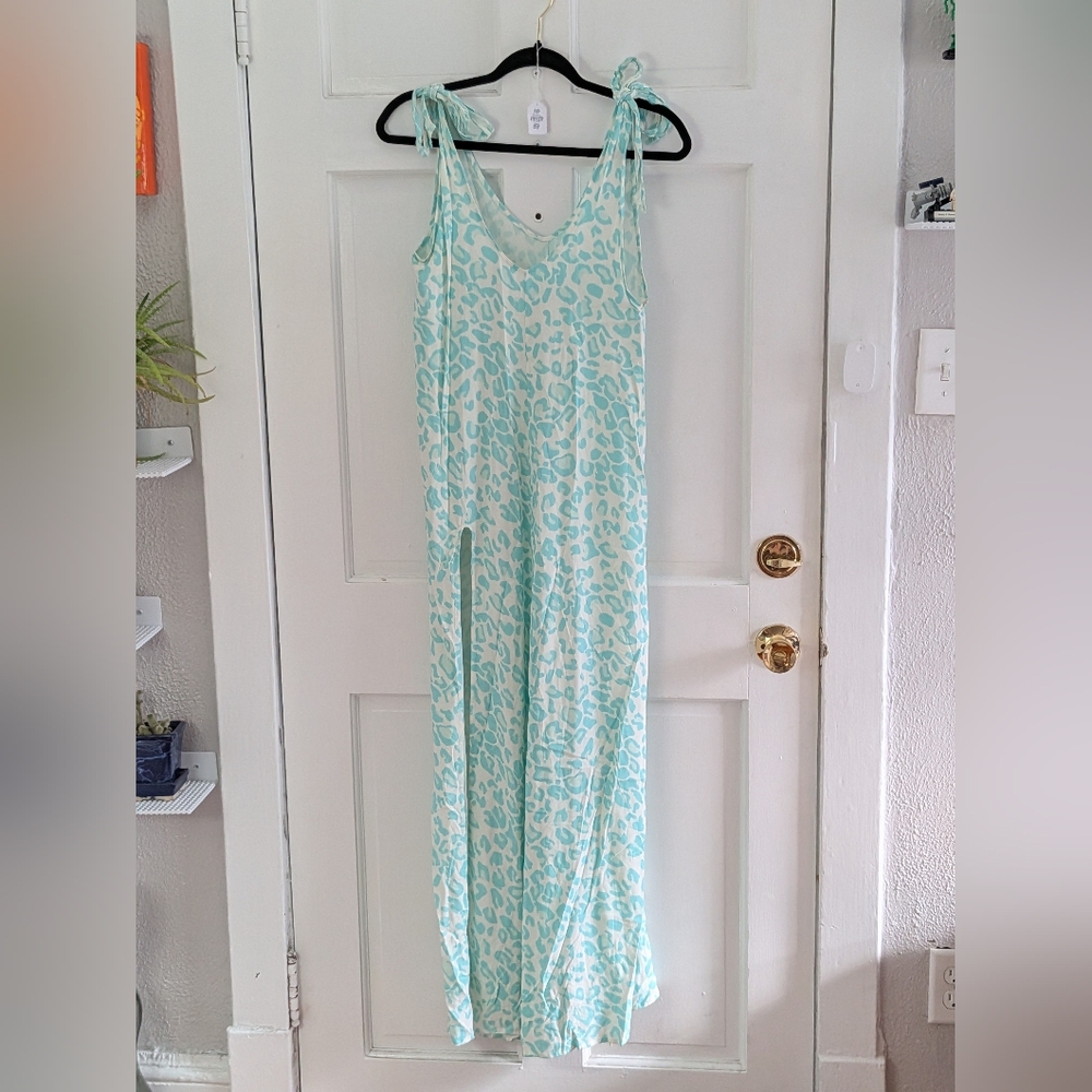 Beach Bunny Lily Dress Aqua Leopard Maxi Small Viscose Resort Slit Beach Vacatio - Picture 2 of 6